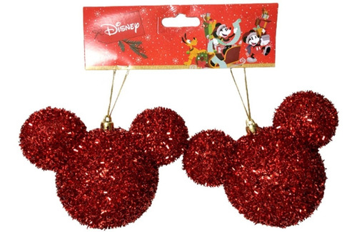 02 Bolas Enfeite Árvore Natal Mickey Vermelho Glitter Disney