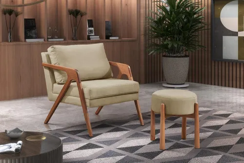 Sillón decorativo de lujo Mona, diseño de tela de madera maciza, color beige y lino