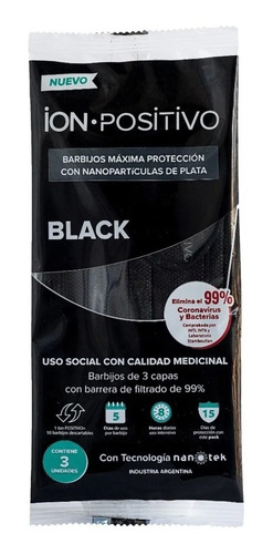 Imagen 2 de 7 de Barbijos Black Ion Positivo Con Nanopartículas Paquete X 3u