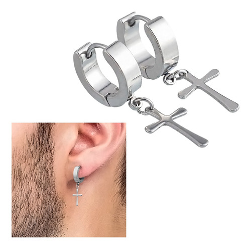 Aros Colgantes Cruz De Acero Inoxidable Set X 2 Unidades