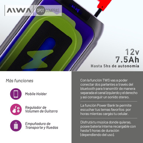 Imagen 5 de 10 de Parlante Torre Bluetooth Carry On 12500w Aiwa 2203