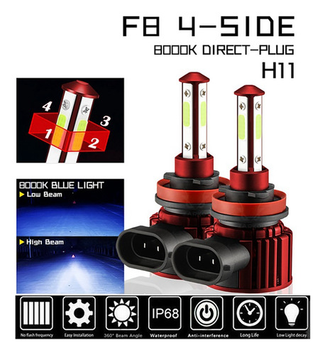 Bombilla Led H8 H9 H11 De 4 Lados, Combinación De Luz Alta/b