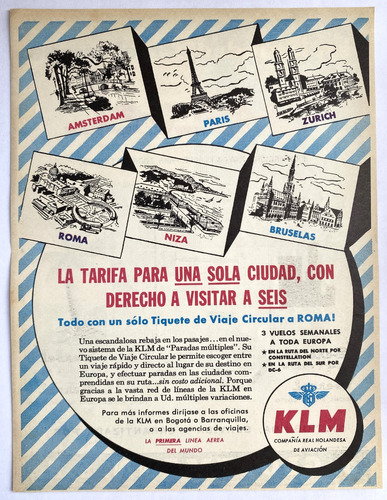 Aerolínea K L M Aviación Aviso Publicitario De 1951
