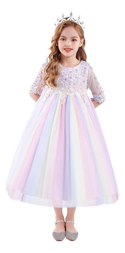 Vestido De Princesa Pompón Con Malla De Media Manga Niñas