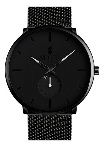 Reloj Minimalista Hombre Seger 9185 Analogico Acero Elegante Malla Negro Fondo Blanco