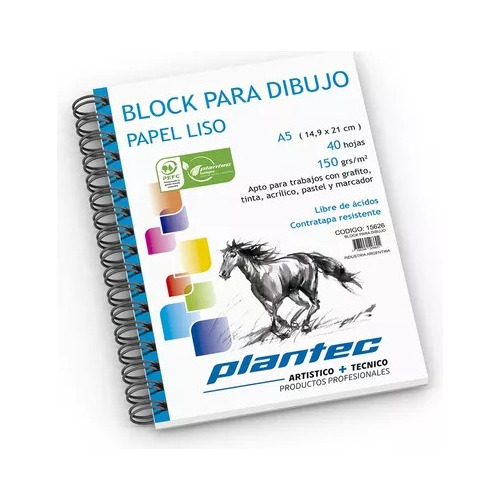 Block Para Dibujo Plantec Anillado A5 Liso 150gr 40hjs