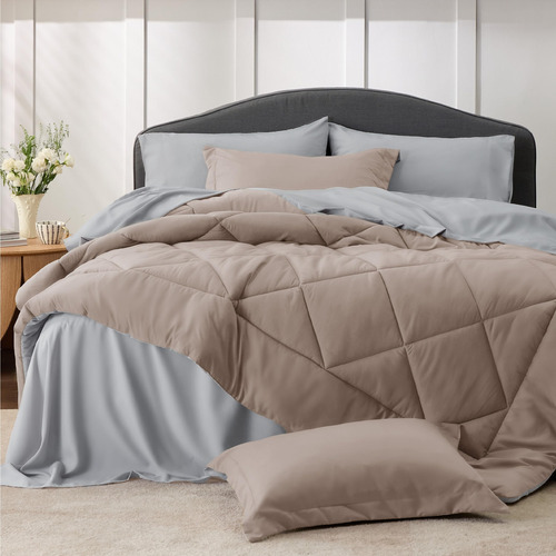 Juego Edredon Y Ropa De Cama Tamaño King Size Pardo Y Gris