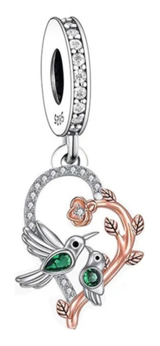 Charm O Dije De Colibrí Madre E Hijo (a) Con Rosa. Plata 925