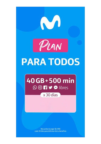 Chip Movistar Prepago Incluye 40 Gigas + 500 Min X 30 Días