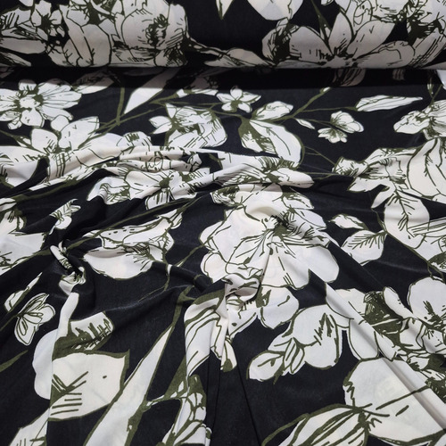 Tela Por Metro Seda Fría Estampada P/blusas/vestidos.. Negro Flores