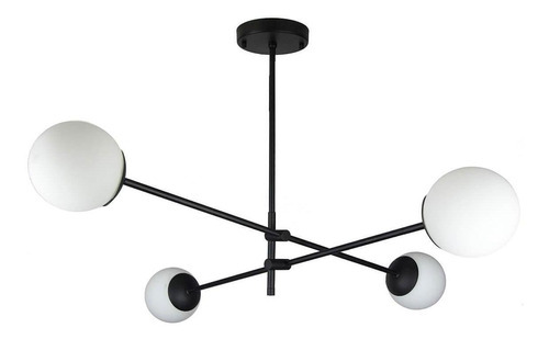 Lustre Lírio Preto Com 4 Globos Esfera De Vidro Branco