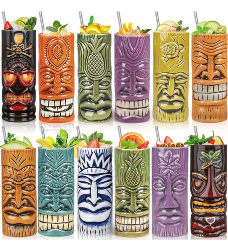 Juego De 12 Vasos Tiki Grandes, Vasos Tiki Cócteles Ex...