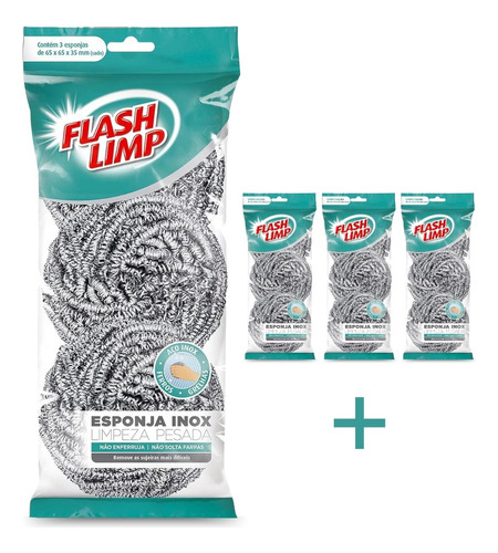Esponja Aço Inox Limpeza Pesada Kit 12 Peças Flash Limp
