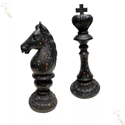 Decoração Peças De Xadrez Preto Rei E Cavalo Grande Luxo