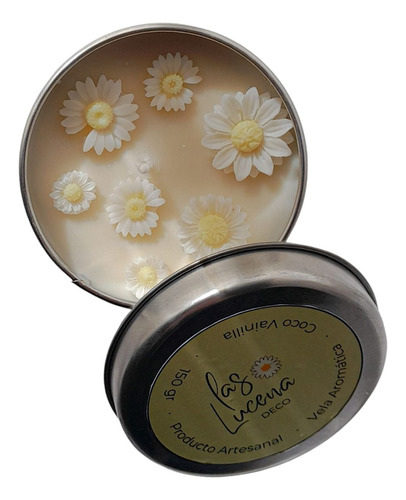 Vela Aromática De Soja Lata Las Lucena Deco Natural Lata Margaritas Pequeñas Flores Blancas