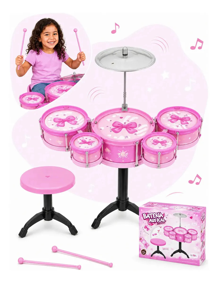 Mini Bateria Infantil Completa Com Banquinho Instrumento 5 Tambores Brinquedo Menino Criança Kizumba Cor Rosa