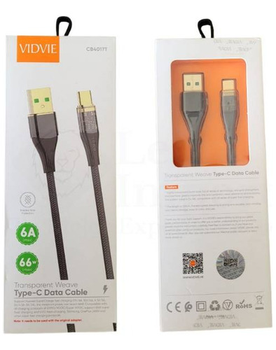  Vidvie Cable Carga Rapida Datos Tipo-c 66w 6amp 1.2m 