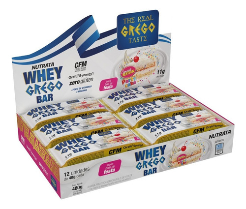 Suplemento em barra Nutrata  Barra de proteina Whey Grego Bar proteínas Whey Grego Bar sabor  bolo de fiesta em caixa de 480g  pacote x 12 u