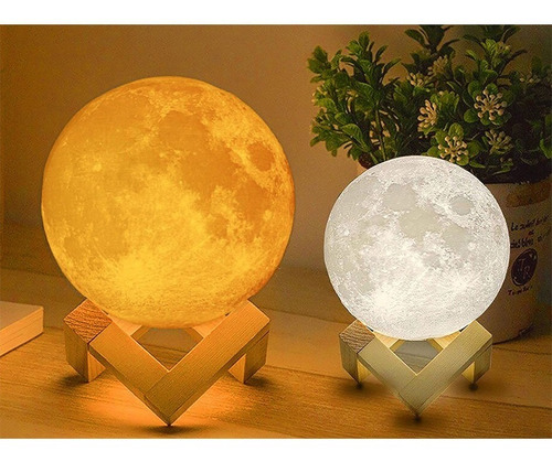 Lámpara Luna 12 Cm 3d Luz Led Colores + Base Madera