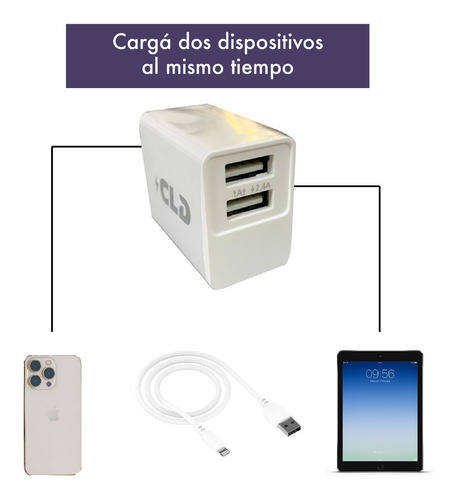 Imagen 6 de 10 de Cargador 2 Usb + Cable Lightning Compatible iPhone iPad 2.4a