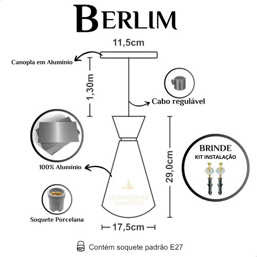 Kit 3 Luminária Pendente Berlim Int Cobre Fiação 110/220v Estrutura Preto Micro Textura
