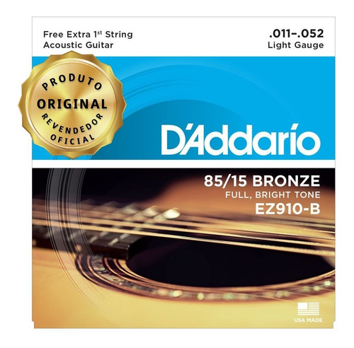 Encordoamento Violão Aço Daddario Ez910 011 Bronze Mi Extra