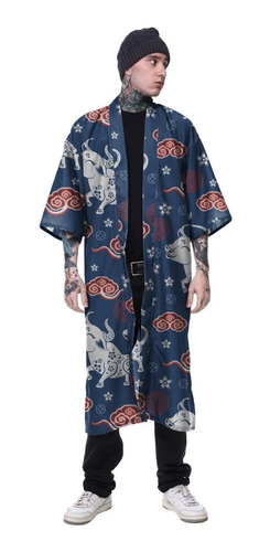 Kimono Haori Longo Floral Sakura Japão China Ondas Bambu 