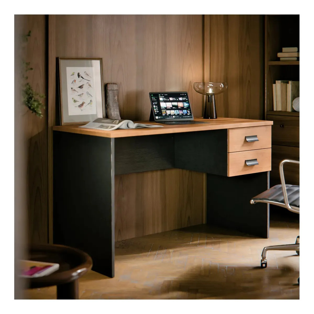 Escrivaninha Com 2 Gavetas E Corrediças Telescópicas Mesa De Escritório Home Office 118cm Londres Cor Preto Canela