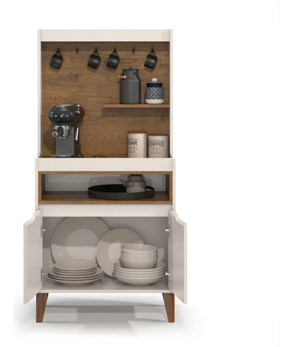 Cantinho Do Café Com Armário Aéreo De Cozinha Buffet Balcão Cor Off white/Freijó