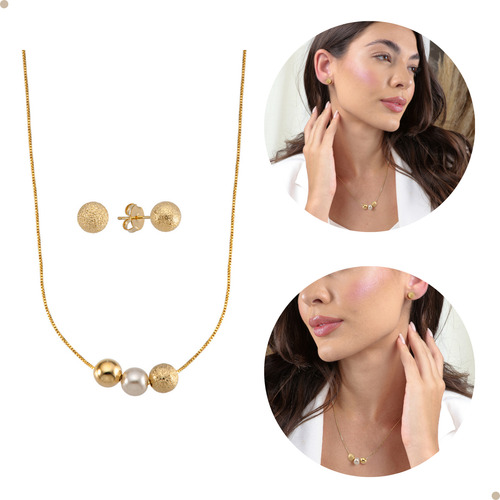 Conjunto Colar De Perola Com Bola Lisa E Craquelada + Brinco De Bola Craquelado Com Corrente Veneziana De 45 Cm Dourado Banhado Á Ouro 18k E Antialérgico Semi Joia Andreia Branco Acessórios