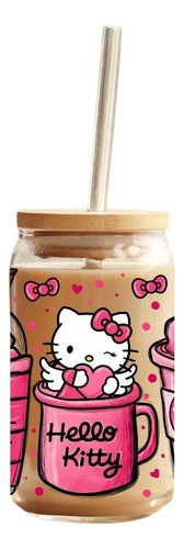 Vaso Lata Con Tapa De Bamboo Y Bombilla Hello Kitty Bebidas