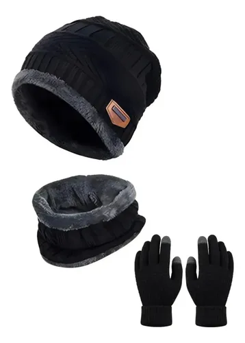 Kit Touca Gorro Cachecol + Luva Inverno Lã Pelinho Frio Cor Preto Tamanho Un Liso