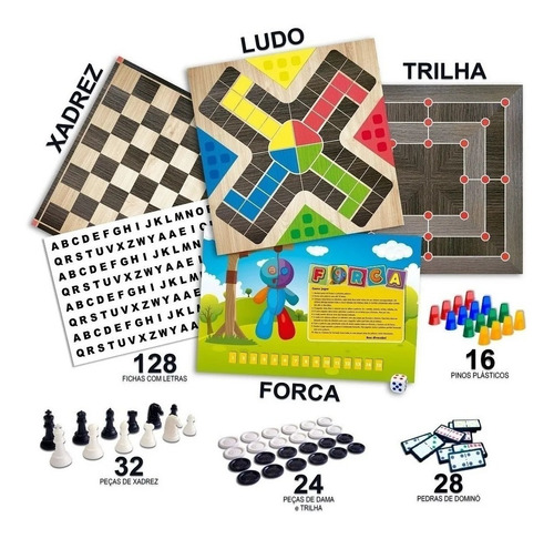 6 Jogos Clássicos Em 1 Ludo Trilha Xadrez Forca Dama Dominó