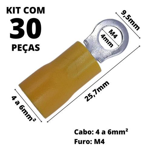 30un Terminal Olhal Pré-isolado Amarelo 4-6mm² M4 Rvs5.5-4