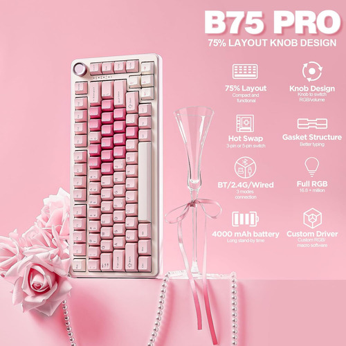 Yunzii B75pro Mechanical Keyboard,75% V2 Switch Pink