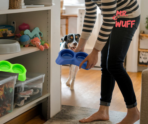 Plato Doble Comedero Para Perro Plastico mediano Mr Wuff Color Azul