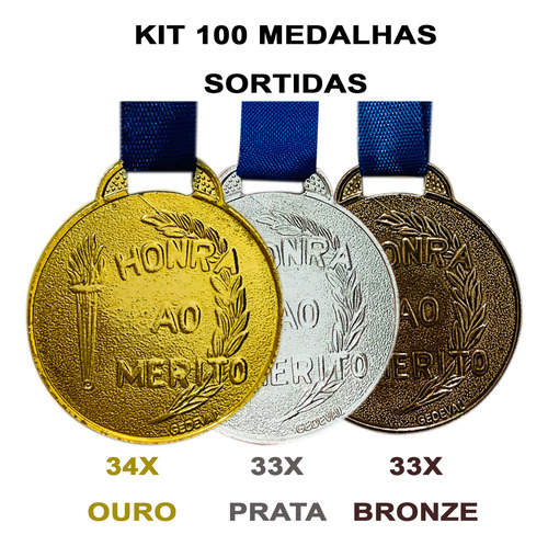 Kit 100 Medalhas Honra Ao Mérito Participação Escola Ø35mm Cor Sortido