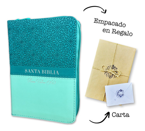 Biblia Rvr1960 De Bolsillo Índice Cierre Floral Pielturquesa