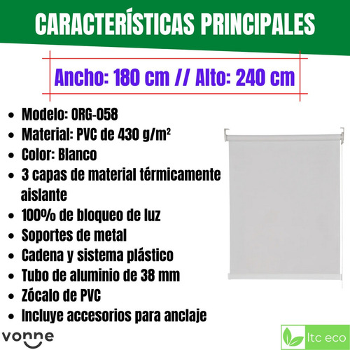 Imagen 2 de 10 de Cortina Blanca Roller Blackout 180x240 Black Out Enrrollable