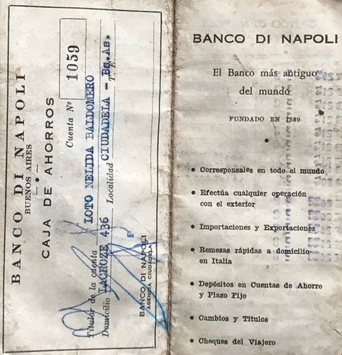 Antigua Libreta De Ahorro Banco Di Napoli 1971