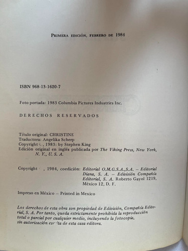 Stephen King Christine Primera Edición 1984 (Usado)