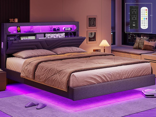 Base De Cama Matrimonial C/ Cabecera Con Luz Led & Usb Grey