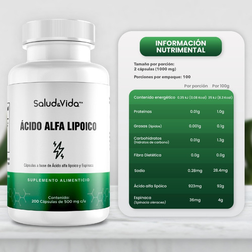 Ácido Alfa Lipóico Con Espinaca 200 Cápsulas Salud & Vida Mx Sabor N/a