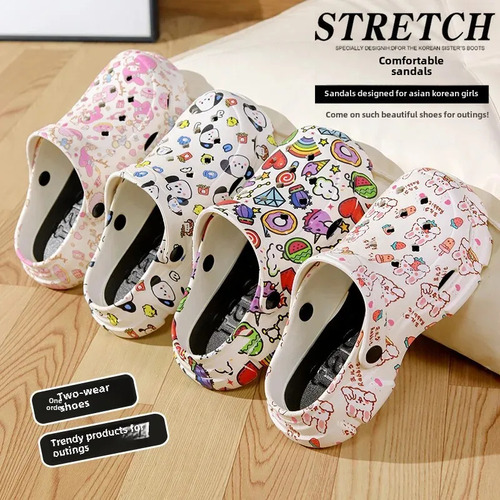 Zapatillas Con Agujero Para Mujer Cartoon Doodle, Estilo Cor