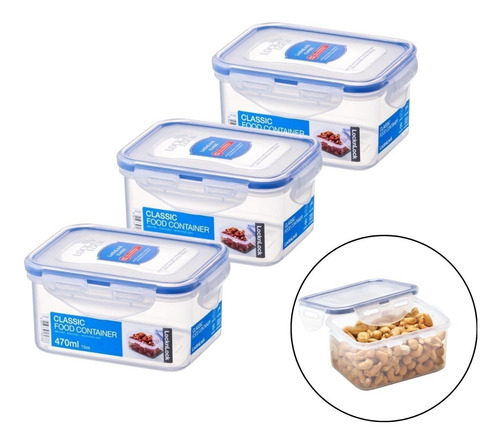 Conjunto Kit 3 Potes Herméticos Retangular Lock & Lock 470ml