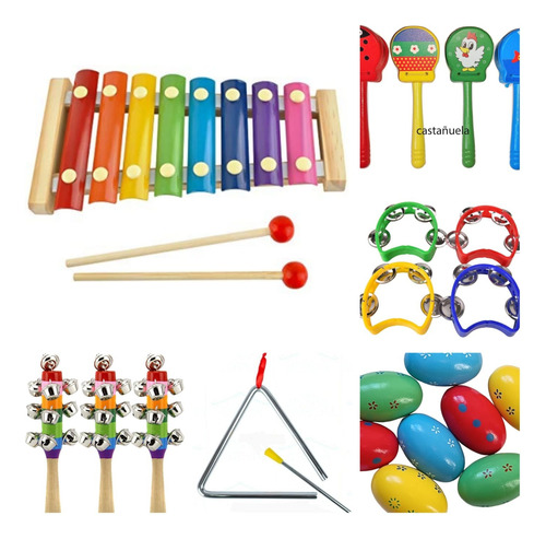 Kit De Percusión Infantil Color X 6 Xilofón Armónica Maracas