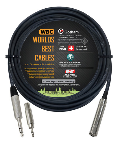 Cable De Extensión De Auriculares Estéreo Gotham Gac-4/1 Star-quad Y Conector Trs Neutrik A Conector Neutrik-rean De ¼ Pulgadas De 3 Polos + Adaptador De Enchufe De 3,5 Mm A ¼ Pulgadas Hecho A