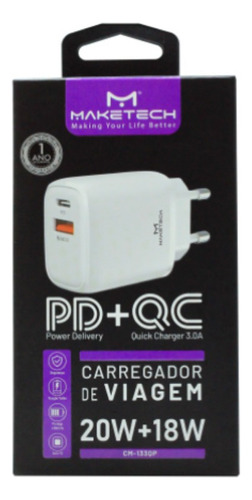 Carregador Tomada Usb Pd + Qc Cm-133qp Maketech Cor Branco