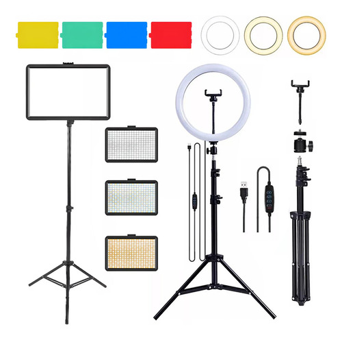 Combo 2 Tripodes Aro De Luz 26 Cm + Panel Fotografia Led Color Negro Veoquiero