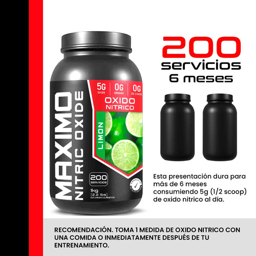 Óxido Nítrico Maximo Protein 1kg Pre Entreno 200 Servicios Limón